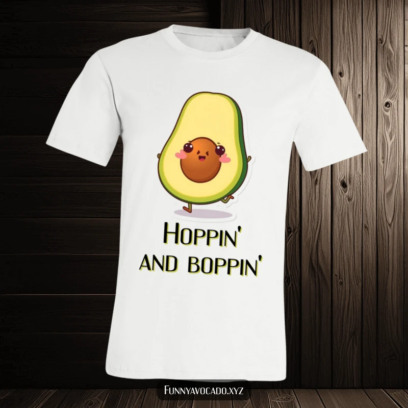 Funny avocado slice character doing a little hop with a cheerful expression, a humorous t-shirt.
