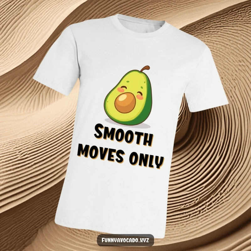 Funny Avocado T-Shirt: A giggling avocado in motion, sliding smoothly down a green peel, radiating happiness and humor.