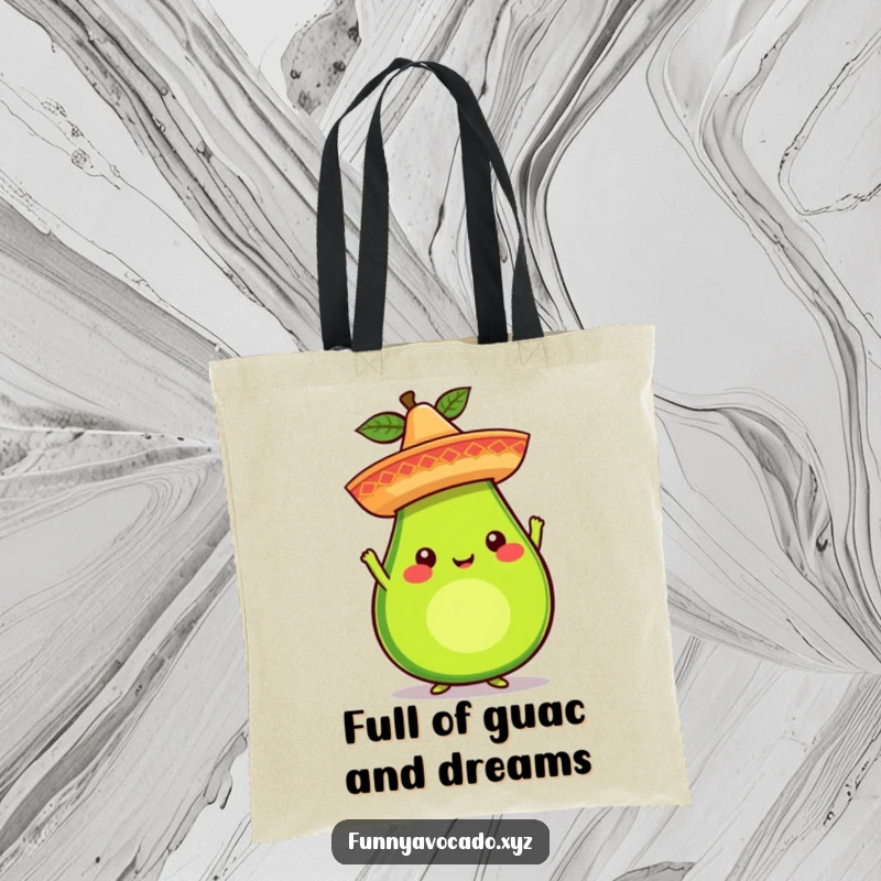 Funny avocado character with a sombrero on a tote bag, ready for shopping, a whimsical and practical accessory, a great funny gift.