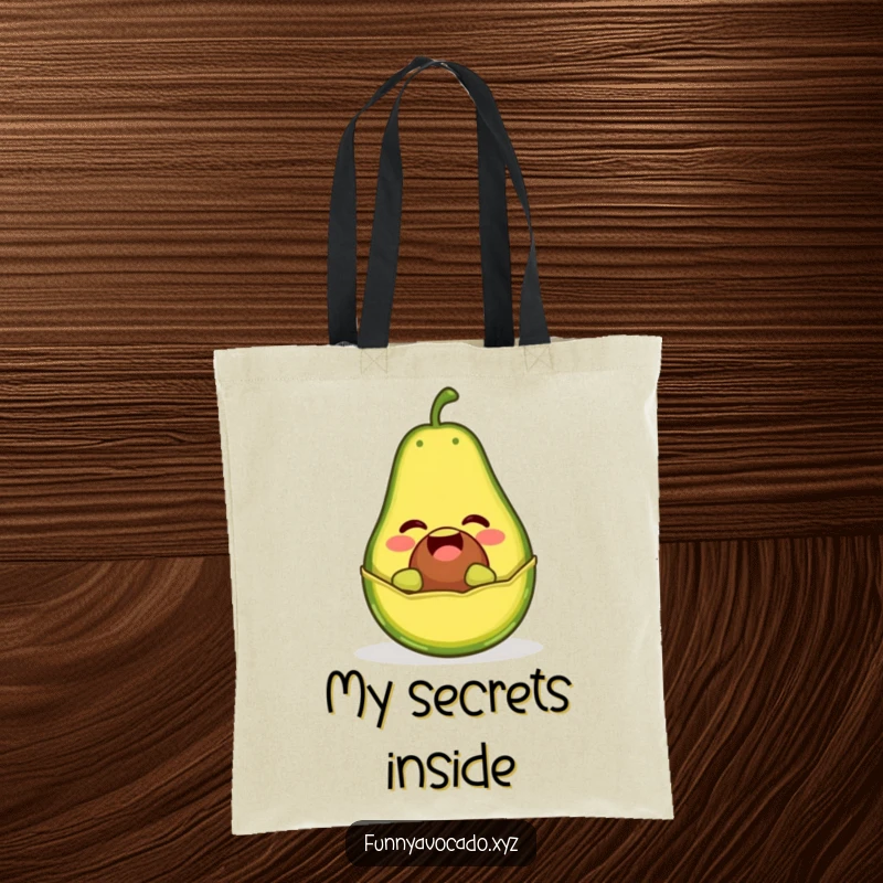 Funny tote bag with a giggling avocado character popping out of its peel like a jack-in-the-box, perfect for carrying joy.