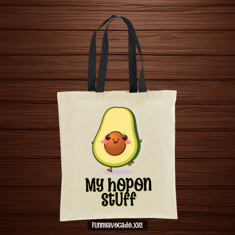 Funny avocado slice character doing a little hop, a practical and humorous tote bag.