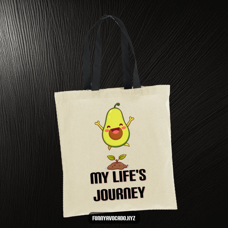 Funny joyful avocado tote bag, dynamically jumping over a small seedling, a humorous and practical accessory for daily errands.