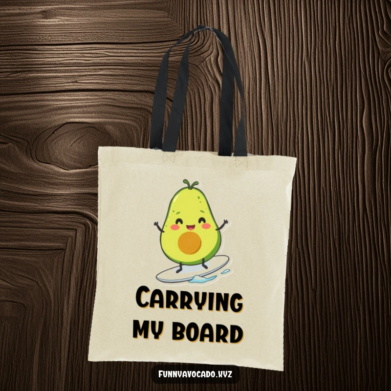 Funny smiling avocado with tiny legs surfing cheerfully, a durable and humorous tote bag illustration.