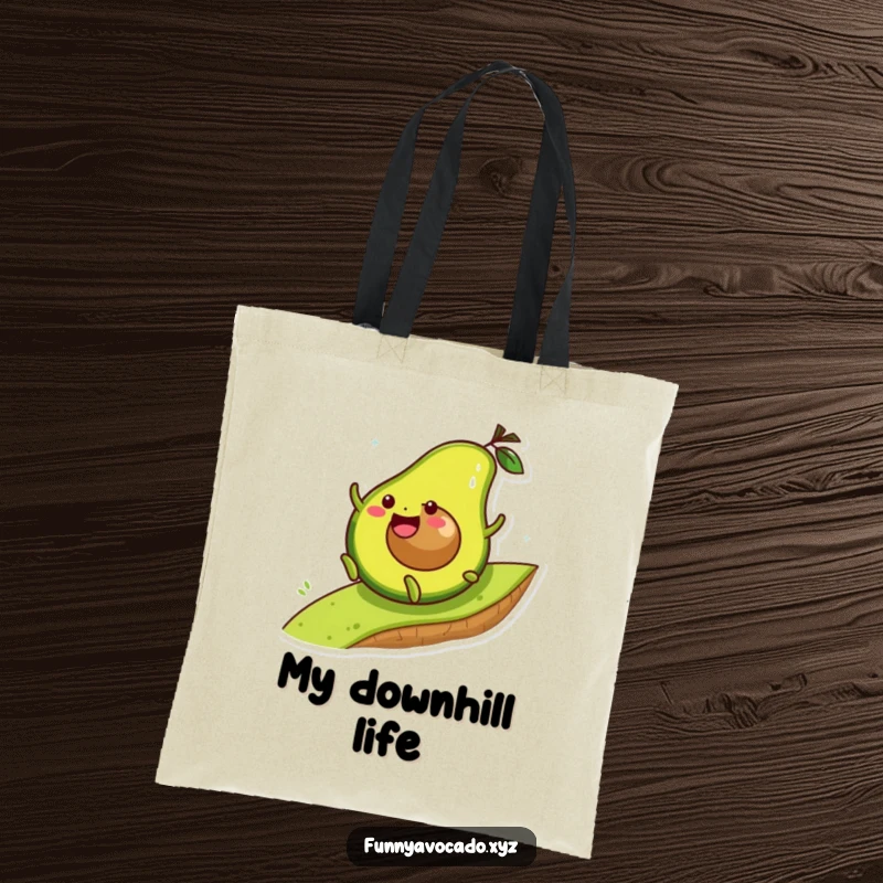 Funny avocado character joyfully rolling down a hill, a practical and humorous tote bag.